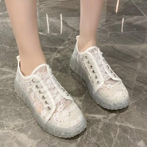 Lucyever Fashion Lace Floral Sneakers Women Transparent Heels Breathable Mesh Casual Shoes Woman Glitter Thick Platform Sneakers