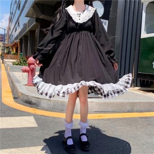 Sweet Womens Lolita OP Dress Black Loose Dress Sailor Collar Cover Bows Trim Cute One Piece Fall Elegant Dress