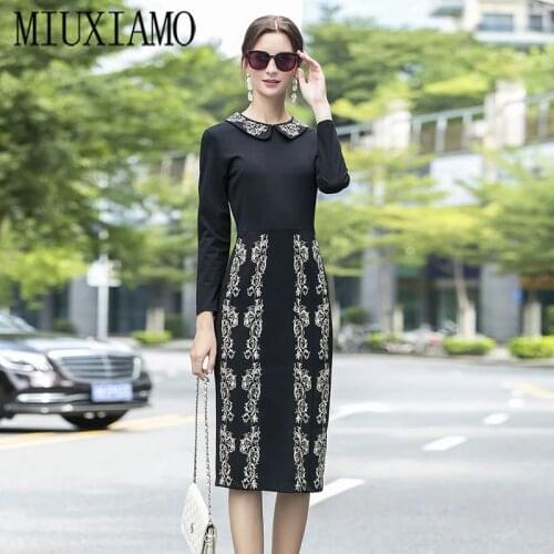MIUXIMAO 2021 Spring Summer Womens New Flower Embroidery Long Sleeve Elegant Slim Black Casual Midi Dress Vestidos