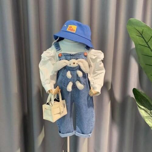 New Fashion Kids Girl Clothing Sets Fashion Baby Girl Clothes Suits Cotton Childrens Shirt+Straps Toddler1-6 Denim pants Rabbit