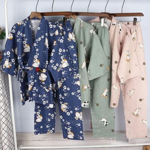 New Cartoon Cat Women Pajamas Japanese Traditional Kimono Men Spa Sauna Bathing Sleepwear Yukata Harajuku Tops Trousers Suit
