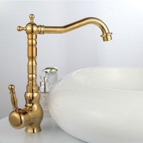 Swivel Spout Water Tap Polished Gold Color Brass Single Handle Single Hole Kitchen Sink & Bathroom Faucet Basin Mixer Tap agf014