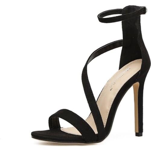 Stiletto High Heel Sandals Ankle Strap Cross-tied Shoes Women Black Flock Handmade Peep toe Summer Ladies Dress Party Sandalias