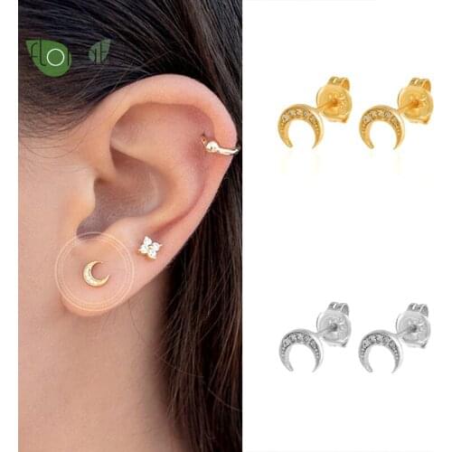 925 Sterling Silver Moon Stud Earrings CZ Crystal Prevent Allergy Earrings for Women Simple Daily Wear Jewelry