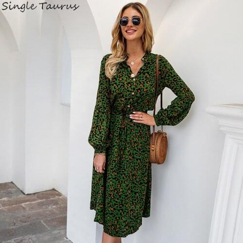 Spring Summer 2021 Women Dress Leopard Print Long Sleeve Maxi Dress High Waist V Neck Sexy Women Clothes Streetwear Vestidos