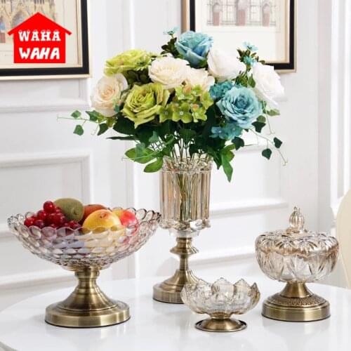 European Retro Glass Vase Metal Alloy Gold Vase Modern Table Artificial Flower Bottle Home Furnishing living room decoration