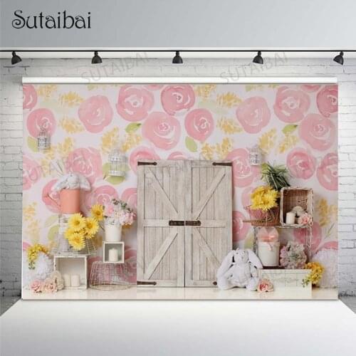 7X5Ft Photography Background Bunny Flowers Pink Girls Photo Studio Background Vinyl White Wood Door Photo Background Decorations
