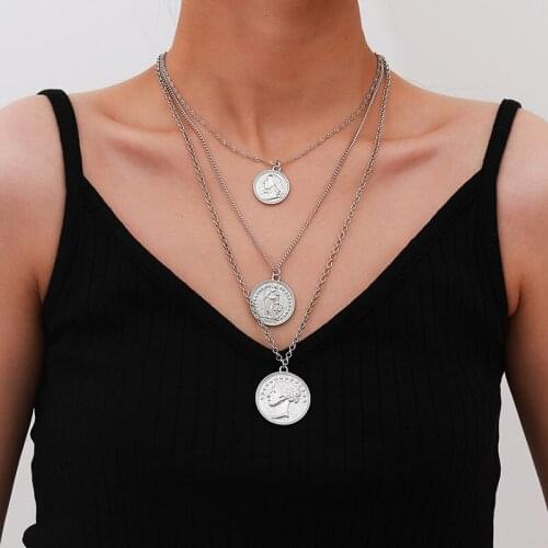 Vintage Multilayer Chains Round Figure Pendant Necklace for Women Punk Creative Geometric Necklaces Pendants Jewelry Kolye