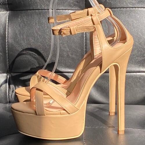 Olomm New Women Platform Sandals Ankle Strap Sexy Stiletto High Heels Open Toe Gorgeous Nude Pink Dress Shoes US Plus Size 5-20