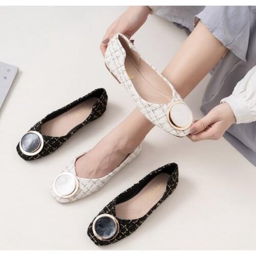 Metal Round buckle moccasins femme 2021 grandma shoes women sneakers loafers square toe plaid fabric flats woman plus size 40-43