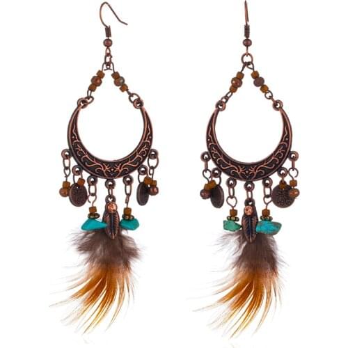 Vintage Boho Ethnic Nature Feather Hanging Dangling Drop Earrings with stones for Women Ladies Statement Ear Jewelry Accessories