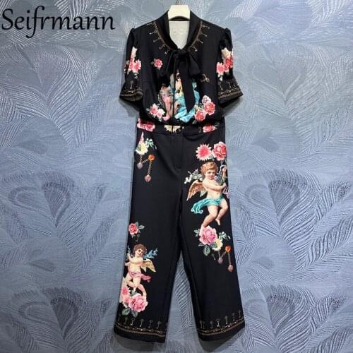 Seifrmann New 2021 Summer Women Fashion Runway Pants Set Half Sleeve Loose Tops + High Waist Print Long Pants 2 Two Pieces Suits