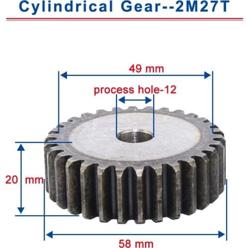 1piece 2M27T spur gear teeth outer diameter 58mm cylindrical gear process hole 12mm flat gear 45# carbon steel total height 20mm