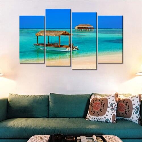 4 Pieces Drop Shipping Modern Wall Pictures for Living Room Small Boat By The Sea Landscape Canvas Painting Unframed