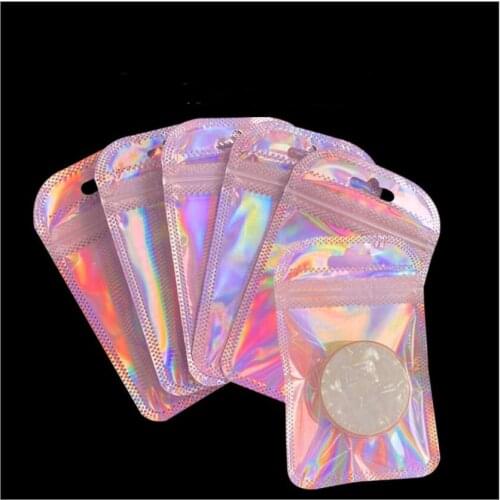 50pcs/lot Pink Laser Zipper Pouch One Side Clear Holographic Mini Aluminum Foil Zip Lock Bags Jewelry Packaging