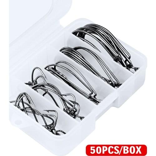 50pcs Jig Big Hook Fishing Hook Black Fishhook Size 1/0-5/0 with plast Box