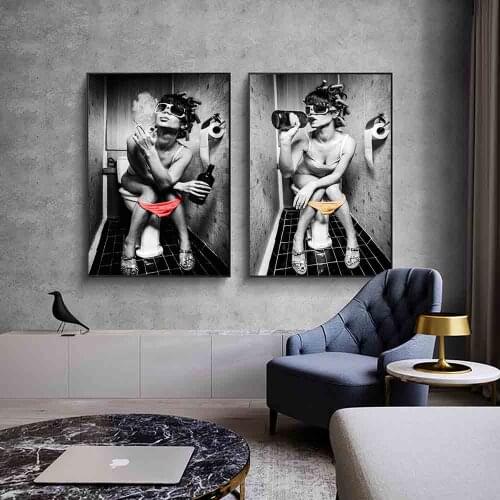 Drinking and Smoking Black White Woman Canvas Painting Posters Prints Pub Bar Decoracion Retro Creative Toilet Wall Pictures