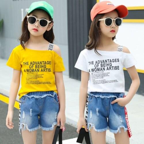 Children Girl Summer wear 3-13 years Teen clothing sets one-shoulder shirts+ripped jeans pants 2pcs girls clothes sets