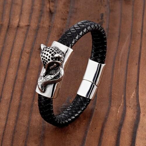 European and AmeRican Hip-hop Punk Style Wolf Head Fox Stainless Steel Bracelet Black Real Leather Braided Rope Bracelet