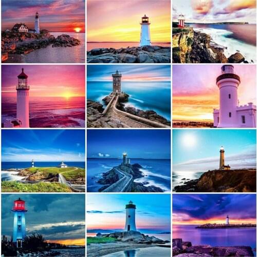 HUACAN DIY Diamond Painting Full Square Lighthouse 5D Diamond Art Embroidery Scenery Handmade Home Decor Gift