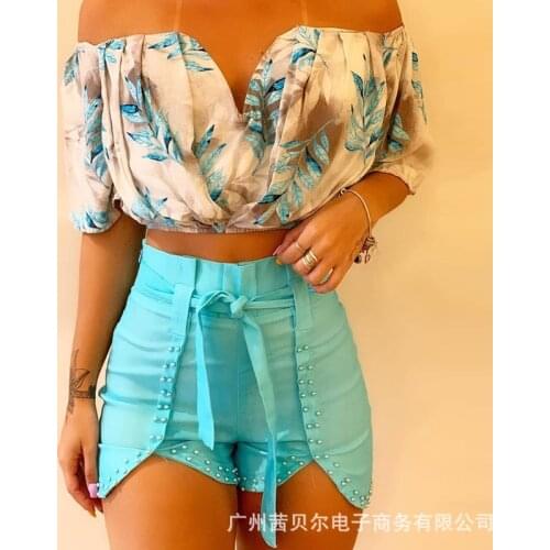 Wepbel Slash Collar Crop Tops + Bubble Shorts Sets Off-Shoulder Women Sets Floral Printed Female 2 Piece Outfits Shorts Suit