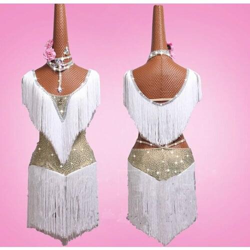 Latin Dance Costume performance dress Latin dance skirt white tassels Skirt Adult Children shining diamond #LD152
