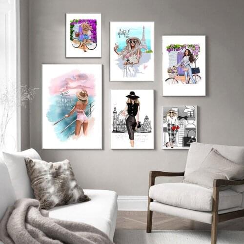 Fashion Poster Canvas Modern Girl Wear Selfie Shopping Building Travel Painting Art Print Wall Picture Living Bedroom Home Decor