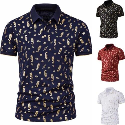2021 New Summer High Quality Men Gold Printed Lapel Slim Shape Business Casual Short Sleeves Mens POLO Shirt