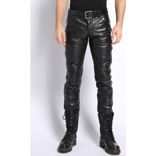 Mens Genuine Leather Pants Real Sheepskin Motorcycle Biker Punk Autumn Winter Thick Warm Windproof Male Trousers Plus Size