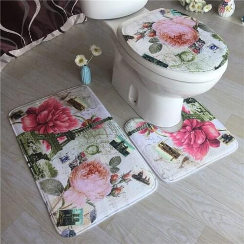 European Style Simple Floral Print Bathroom Non-Slip Toilet Cover Set, 3D Printed Carpet,Door Rug