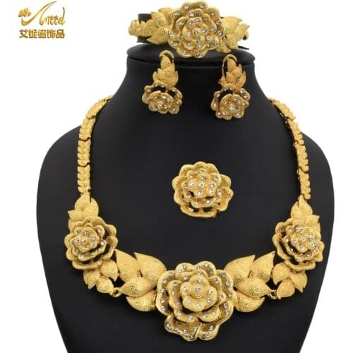 Jewelery Set Indian Earrings For Women Flower Jewelry Necklace Rings Bracelet Dubai Bridal Gold Plated Set 24K Wedding Luxury