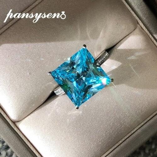 PANSYSEN 100% 925 Sterling Silver Princess Cut Aquamarine Simulated Moissanite Gemstone Engagement Ring Wholesale Fine Jewelry