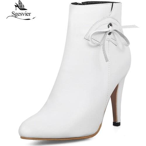 Sgesvier Women Boots Thin Heel Zipper Bowtie Women Ankle Boots Winter Shoes Platform Women Motorcycle Boots Big Size 28-52 OX747