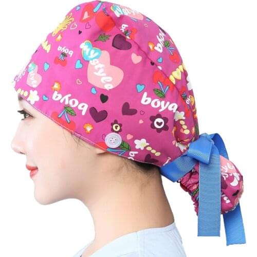 Women Scrub Hats Buttons Bandage Adjustable Working Caps Printed Cotton Head Cover Reuseable Hats Beauty Salon Pet Shop Work Cap