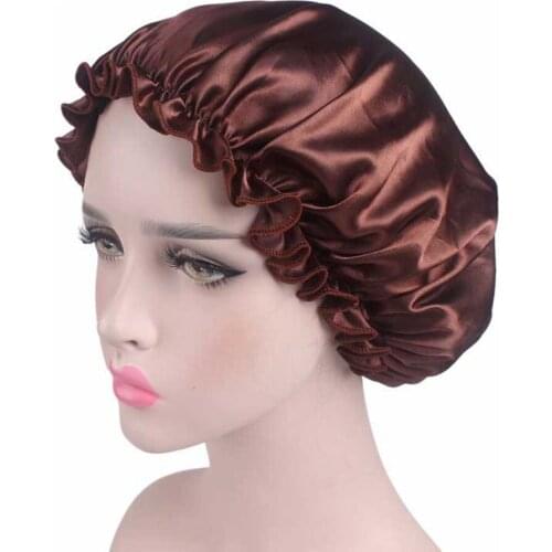 HanXi Satin Silk Hair Cap Bonnet Night Sleep Cap for Women Shower Solid Cap Femme Silk Long Hair Cap Hat For Bath Unisex