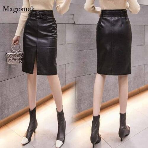 Chic Split Bag Hip Skirt Mid-length PU Leather Black Skirt 2020 Autumn Winter Sexy Fashion High Waist Slim A-line Skirt 12129