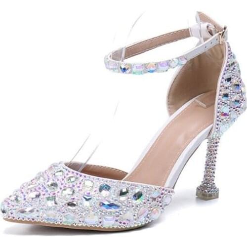 Thin High Heels Shoes Women Pumps Women Sequined Cloth Buckle Strap Pointed Toe Dress Office & Career Party Wedding Rhinestones