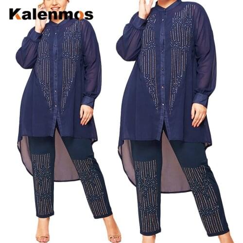 African Women Two Piece Set Diamond Tops and Pants Office Lady Muslim Suits Matching Sets Work Wear Solid Tracksuit Outfits