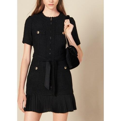 High End Socialite Black White Tweed Dobby Patchwork One Piece Dress Short with Belt Office Lady Robe Vesitdo Autumn Winter