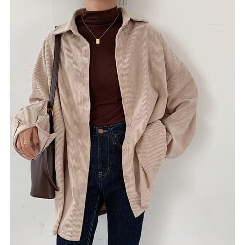 Women Solid Corduroy Coat Vintage Oversized Blouse Turn-Down Collar Jacket Button Up Batwing Sleeve Shirt Autumn Casual Thin Top