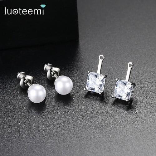 LUOTEEMI New Fashion Created Pearl Jewelry White Gold Color Geometric CZ Stud Earrings for Women Boucle D'Oreille Femme Bijoux