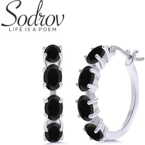 SODROV 2021 New Genuine 925 Sterling Silver Earrings Hoop Earrings for Women Black Spinel Silver 925 Jewelry I193