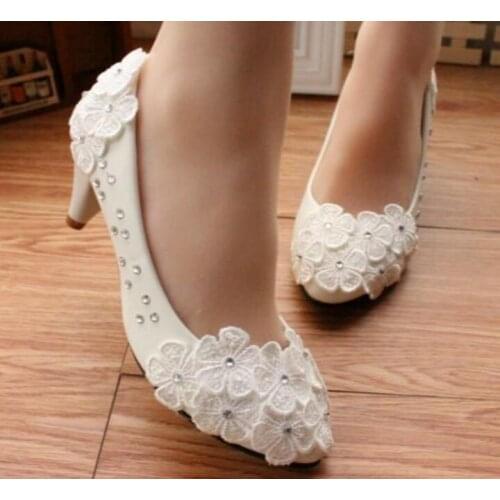 4.5cm heel white lace wedding shoes for woman plus size hand made crystal rhinestones bridal wedding shoes