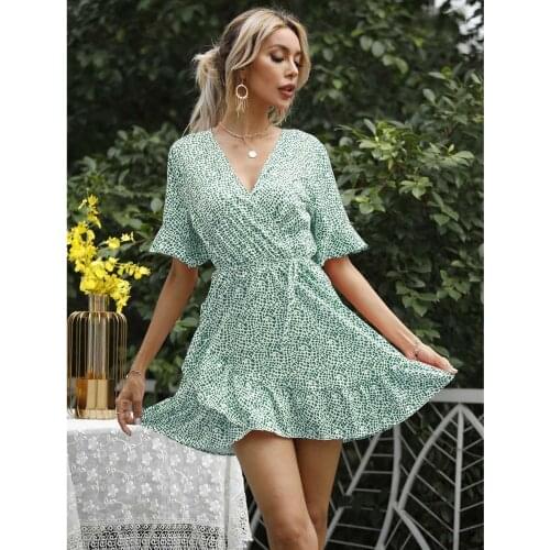 Floral Sexy Dress Womens Fashion Short Sleeve Irregular Mini Skirt Summer Bohemian V-Neck Waist Short Skirt For Ladies Vestidos