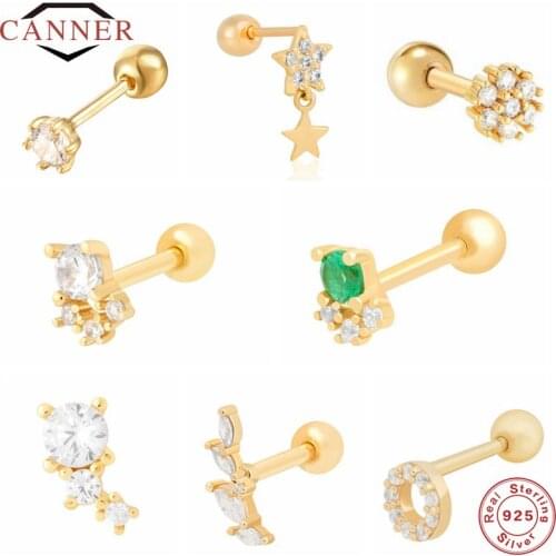 CANNER 2 Pcs Real 925 Sterling Silver Crystal Zircon Stud Earrings For Women Pierced Cartilage Earring Fine Jewelry Pendientes