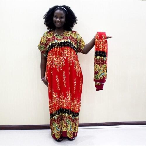Dashikiage 100% Cotton African Dashiki Print O-Neck Short Sleeve Plus Size Mama Dress With Scarf