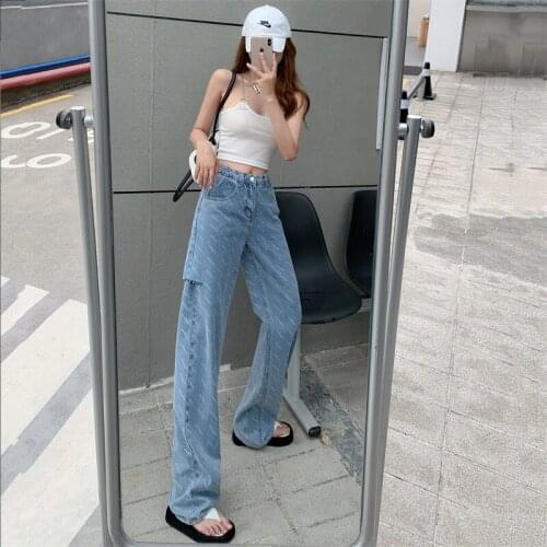 High Waisted Letter Print Jeans for Women Korean Style Ripped Streetwear Teenage Girls Baggy Wide Leg Denim Pants Casual Clothes