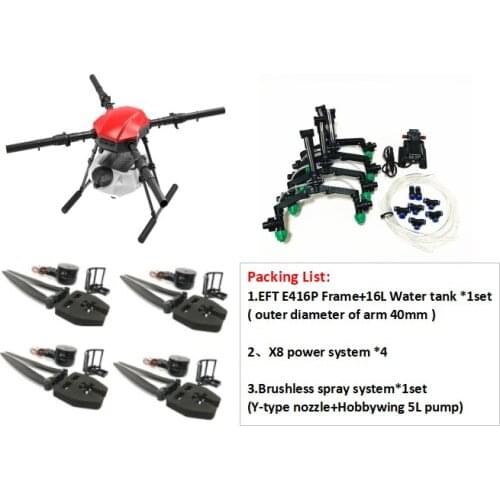 EFT E416P 4 axis 16L plant protection drone frame + X9 power system + spray system 9 (Hobby- wing 5/8L water pump) Y nozzle
