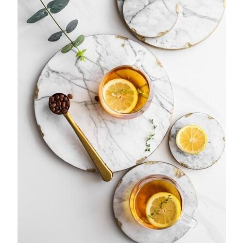 European Ceramic Marble Cosmetic Storage Tray Retro Jewelry Display Food Plate Coasters Tea Coffee Milk Cup Insulation Pads