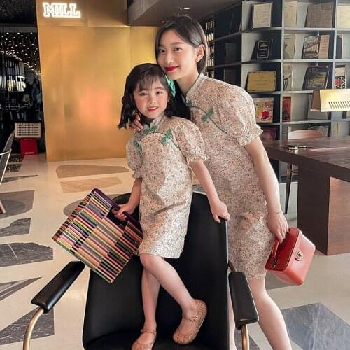 Chinese National Improved Cheongsam Parent-child Dress 2021 Summer Women Qipao Dresses for Girls Mother and Daughter Dress